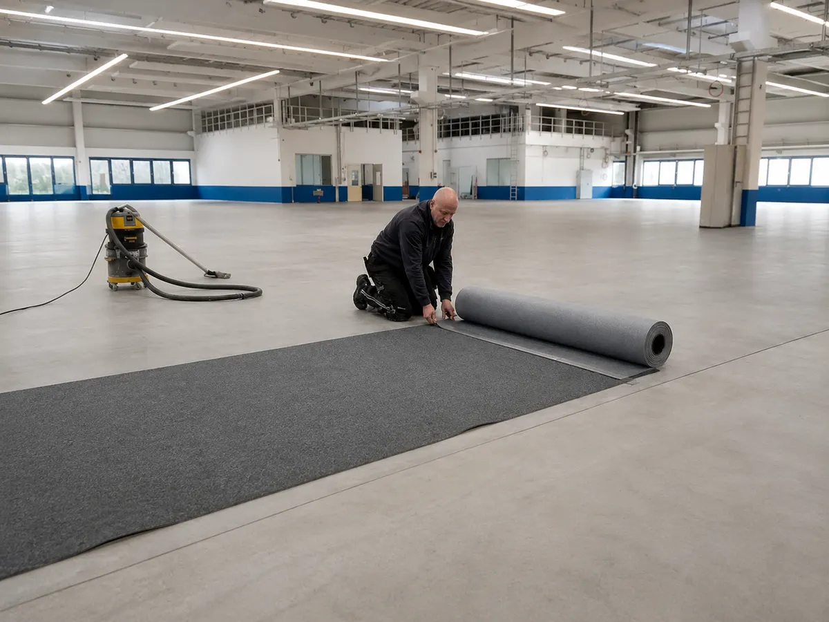 Teppichbodenverlegung in einer Industriehalle